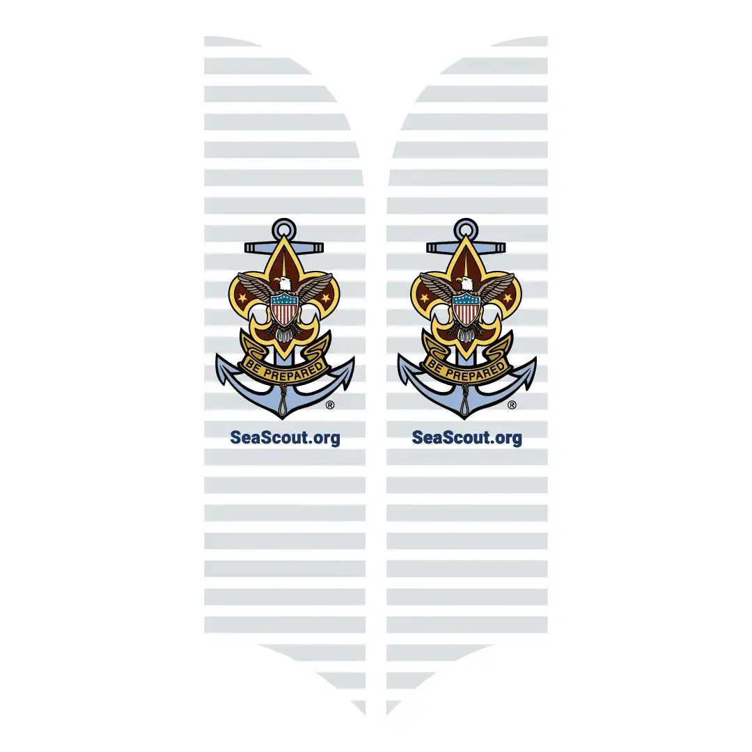 Two vertical white banners with light gray horizontal stripes, featuring the Sea Scouts anchor and fleur-de-lis logo, the motto Be Prepared, and the website SeaScout.org printed below the logo on each banner.