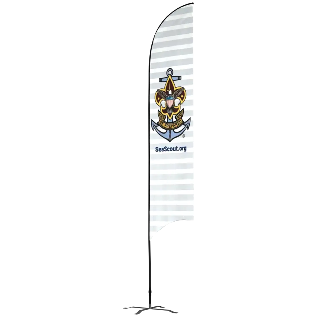 A feather flag with the Sea Scouts logo and the text SeaScout.org on a white background with horizontal gray stripes. The base of the flag is black.