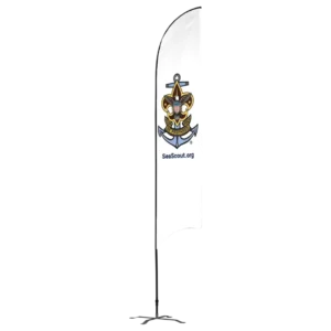 A vertical flag with the Sea Scouts emblem, featuring an anchor and fleur-de-lis, and the text SeaScout.org on a white background, displayed on a black base.