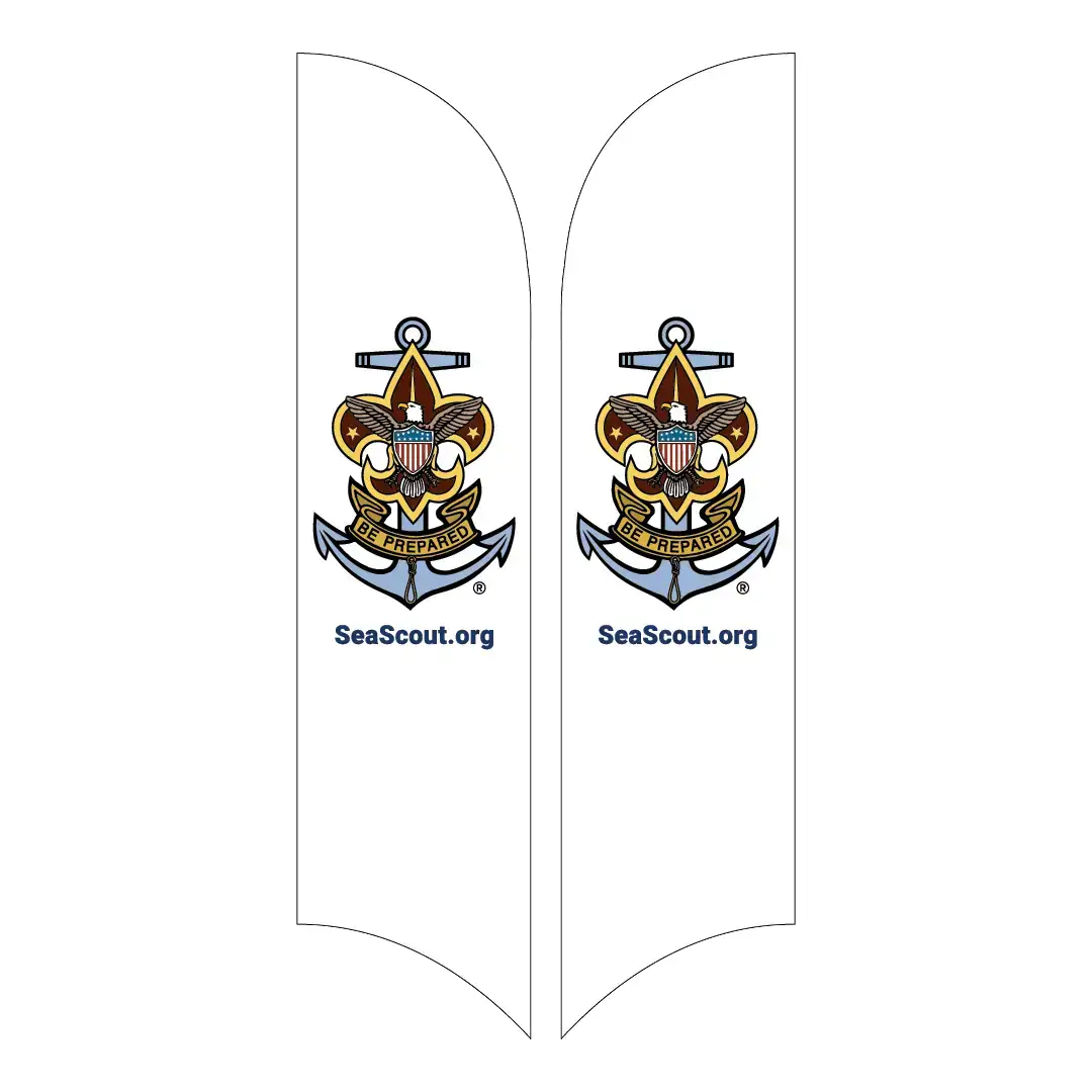Two vertical white banners featuring the Sea Scouts anchor and fleur-de-lis logo with an eagle, the phrase “BE PREPARED,” and the website “SeaScout.org” beneath the emblem on each banner.