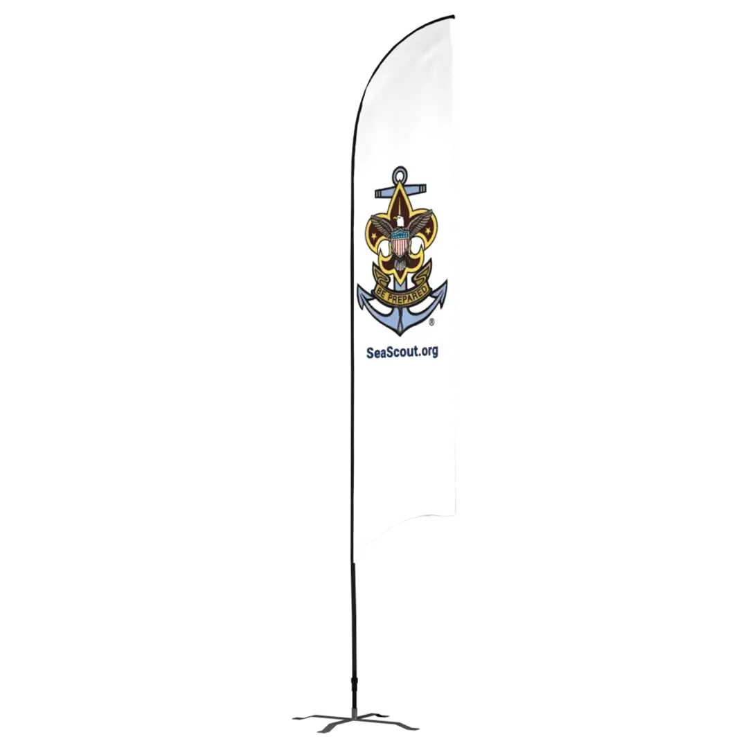 A vertical flag with the Sea Scouts emblem, featuring an anchor and fleur-de-lis, and the text SeaScout.org on a white background, displayed on a black base.