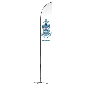 A white vertical feather flag with the Sea Scouts logo, featuring an anchor and fleur-de-lis, and the website SeaScout.org printed below the logo. The flag is mounted on a black pole with a cross-shaped base.