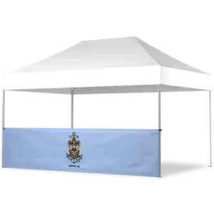 A white canopy tent with a light blue banner featuring a scouting emblem and text at the bottom, attached to the front of the tent. The background is plain and uncluttered.
