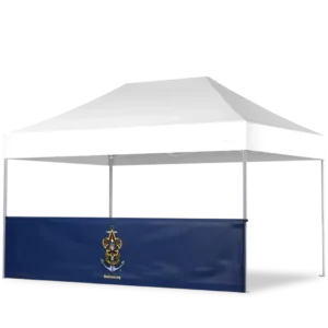 A white canopy tent with a blue banner along the front displaying the Boy Scouts of America fleur-de-lis logo and the website BeAScout.org in yellow text.