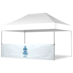 A white outdoor canopy tent with a matching white side panel featuring a blue anchor and ribbon logo and text at the bottom. The tent is set against a plain white background.