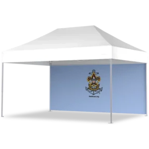 A white canopy tent with a blue backdrop featuring the Sea Scout emblem—a fleur-de-lis with an anchor—and the text SeaScout.org beneath the logo.