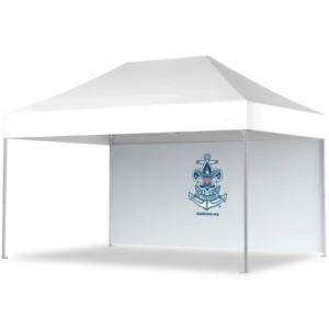 A white outdoor canopy tent with four metal legs and a large wall featuring a cartoon anchor and scout emblem with SeaScout.org underneath.