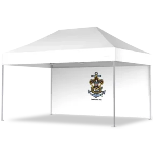 A white canopy tent with an anchor and scout emblem on the back wall, and the text SeaScout.org below the logo. The tent has four metal legs and an angled roof.