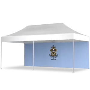 A white canopy tent with four legs stands in front of a light blue backdrop displaying a Scouting emblem featuring an anchor, rope, and fleur-de-lis.