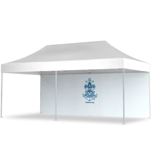 A large white canopy tent with a white back wall displaying a blue anchor and rope logo above text that reads SeaScout.org.