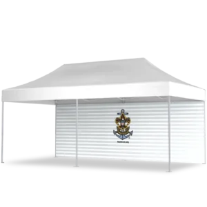 A large white canopy tent with four legs, featuring a corrugated backdrop and a cartoon anchor logo with a bear face in the center.