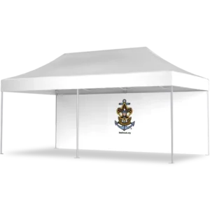 A white event canopy tent with four poles and a logo featuring an anchor, ship wheel, and fleur-de-lis on the back wall. The tent appears on a white background.