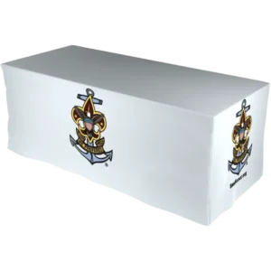 A white table covered with a cloth featuring the Sea Scouts emblem, which includes an anchor and fleur-de-lis design with an eagle, and the word SeaScouts.org printed on the front corner.