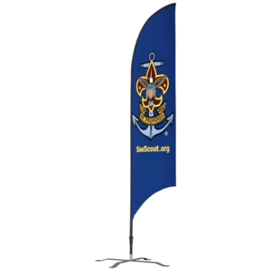 A vertical blue flag displaying the Sea Scouts BSA emblem, featuring an anchor and eagle, with the words Be Prepared and SeaScout.org written below the emblem.