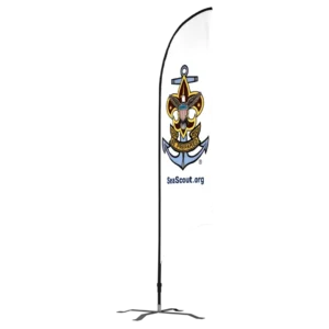 A white curved sign features the Sea Scouts BSA emblem with an anchor and fleur-de-lis, the word BE PREPARED, and the website SeaScout.org below the logo.