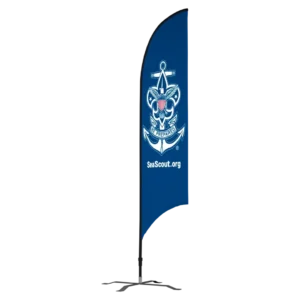 A blue vertical banner with the Sea Scouts logo, featuring an anchor, eagle, and ship wheel, above the word Be Prepared and the website SeaScout.org in white text.
