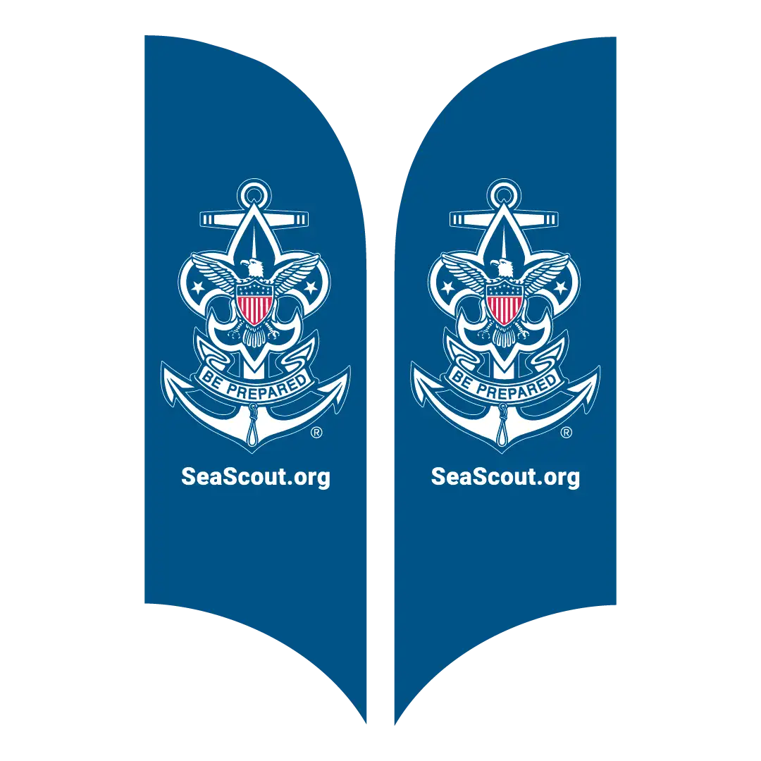 Two blue vertical banners display the Sea Scouts emblem—an anchor, eagle, and shield—above the words SeaScout.org and the motto Be Prepared, all in white.