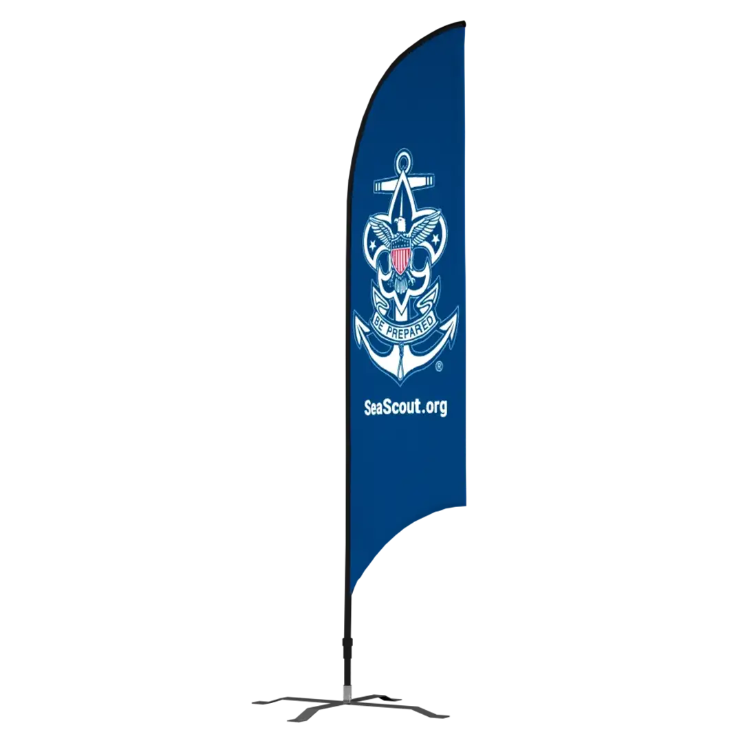 A blue vertical banner with the Sea Scouts logo, featuring an anchor, eagle, and ship wheel, above the word Be Prepared and the website SeaScout.org in white text.