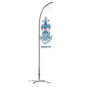 A vertical banner featuring the Sea Scouts emblem—an anchor and compass with a fleur-de-lis—and the words Be Prepared and SeaScout.org on a white background.