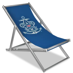 A blue folding deck chair with a silver metal frame, featuring the Boy Scouts of America logo with an anchor, eagle, and fleur-de-lis printed on the fabric seat.