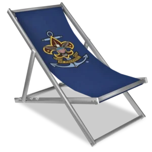 A blue folding deck chair with a silver frame, featuring the Boy Scouts of America fleur-de-lis anchor emblem and the words Be Prepared on the seat fabric.