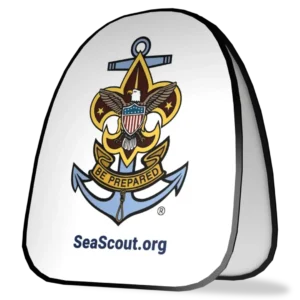 A badge featuring an anchor, an eagle with a shield, a fleur-de-lis, and the words “Be Prepared,” above the website SeaScout.org, representing the Sea Scouts program.