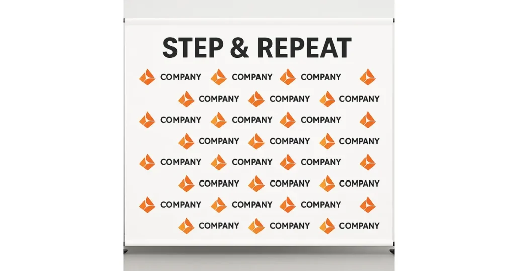 A step and repeat banner with the words STEP & REPEAT at the top and alternating orange geometric logos and the word COMPANY repeated in a grid pattern across a white background.