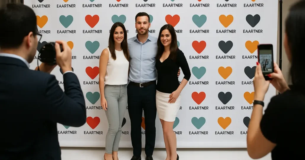 Three people stand smiling in front of a backdrop with colorful hearts and the word EAPARTNER. Two are women in business attire; one man stands between them. People are taking photos of the trio from both sides.