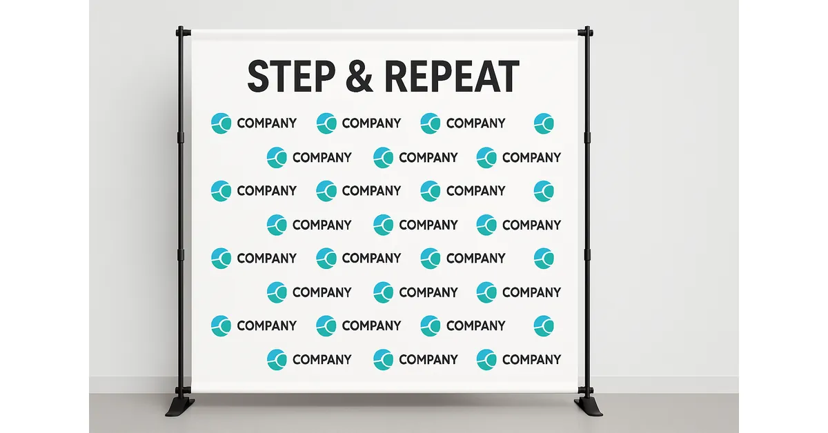 A white step and repeat banner with the words STEP & REPEAT at the top and rows of teal circular logos and the word COMPANY printed repeatedly across the backdrop. The banner is supported by a black metal frame.