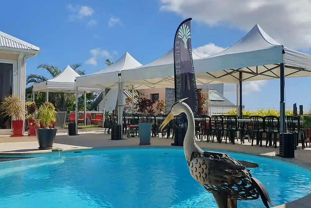 A decorative metal heron stands by a blue swimming pool. Behind it are white canopy tents with chairs and tables set up on a patio. Plants and a flag banner complete the outdoor setting under a bright, partly cloudy sky.