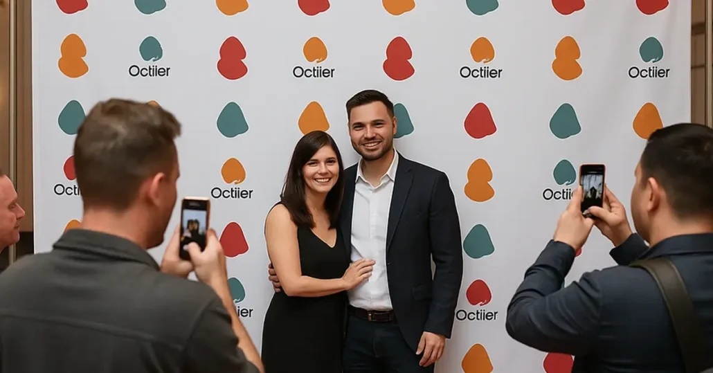 A smiling couple poses together in front of a step-and-repeat banner with colorful logo shapes and the word Octier while two people take photos of them with their phones.