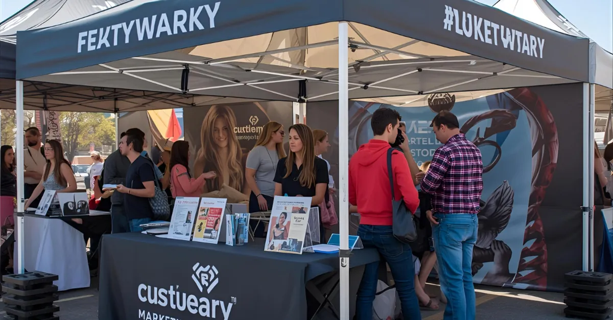 People gather around outdoor booths under tents with banners displaying FEKTYWARKY and custueary. Tables are set up with brochures and promotional materials, while attendees socialize and browse.