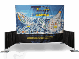 A 10x8 Printed Tradeshow Backdrop Fabric Only showcases Titus Mountain Family Ski Centers trail map with mountain graphics and text featuring 3 mountains, 50 trails, a restaurant, bar, live music, and monthly events.