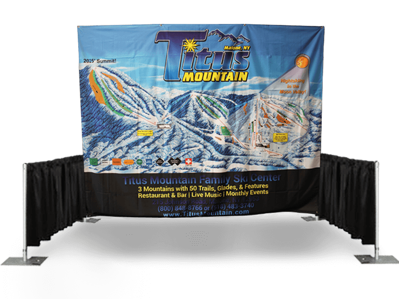 A 10x8 Printed Tradeshow Backdrop Fabric Only showcases Titus Mountain Family Ski Centers trail map with mountain graphics and text featuring 3 mountains, 50 trails, a restaurant, bar, live music, and monthly events.
