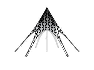 The 20 Printed Sky Tent Fabric Only features a modern, geometric black and white canopy with a triangular pattern, supported by four arching legs, displayed against a plain white backdrop.