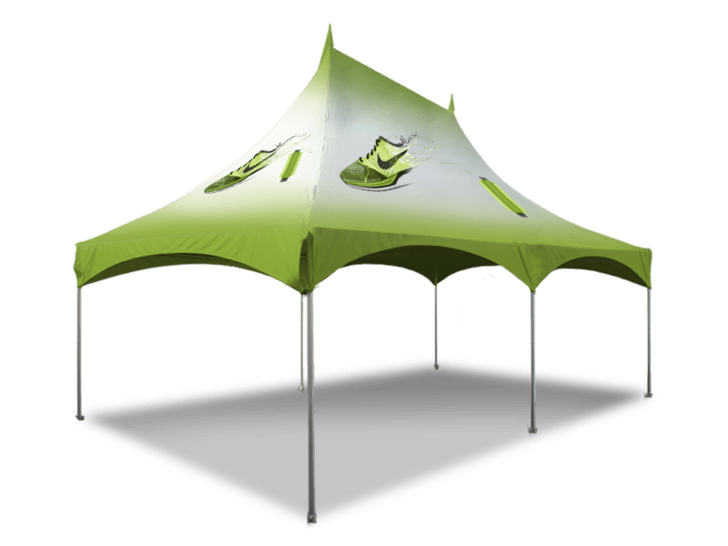 The 20x30 Printed Marquee Tent is a green and white outdoor event tent with four metal legs and a canopy featuring an image of green athletic shoes, shown against a plain white background.