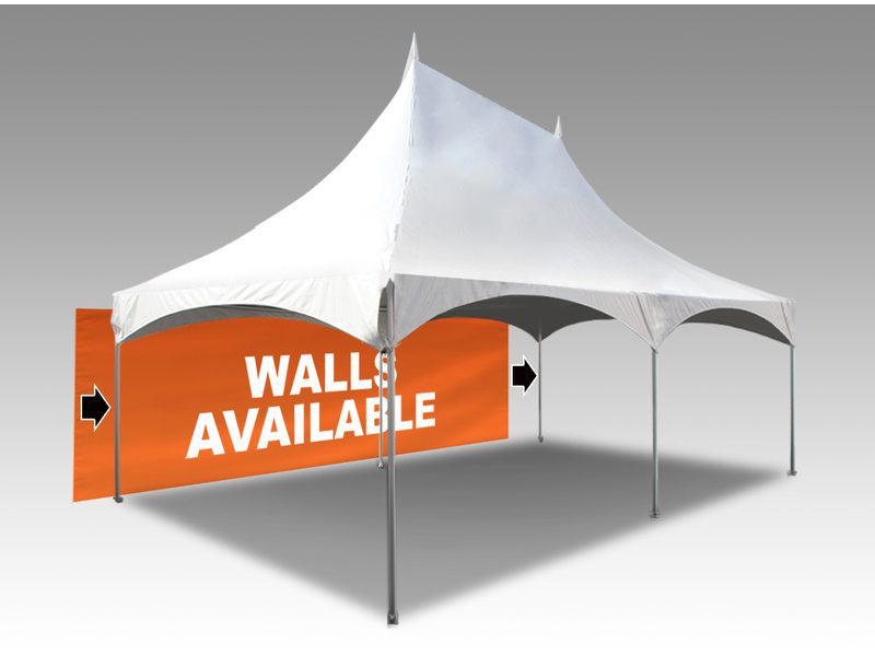 A 20x30 Printed Marquee Tent, white with a pointed roof and four metal legs. An orange sign on the side reads WALLS AVAILABLE in bold white letters, with black arrows pointing toward the sign.