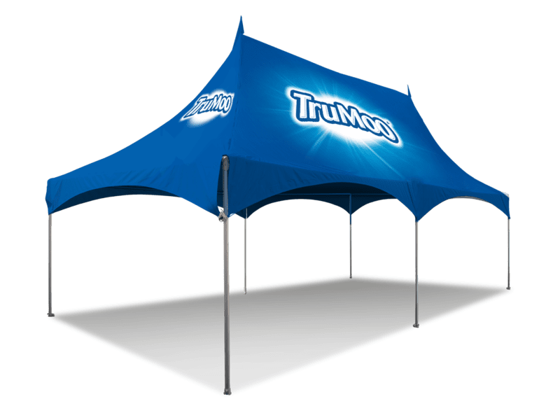 A 20x40 Printed Marquee Tent in blue with TruMoo branding on the canopy and four metal poles, shown against a plain light background.