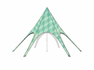 The 20 Printed Sky Tent Fabric Only features a geometric hexagon pattern in green and white, with a pointed top and six arched legs, shown against a plain white background.