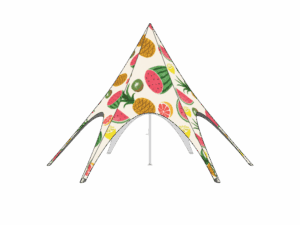 The 40 Printed Sky Tent Fabric Only features a white background adorned with vibrant fruit illustrations, including pineapples, watermelons, kiwis, lemons, and oranges in a star-shaped outdoor design.