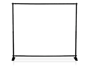 The Expandable Tradeshow Backdrop Hardware is a black, freestanding frame with a minimalist design, featuring two vertical poles supporting two horizontal bars, displayed against a plain white background.