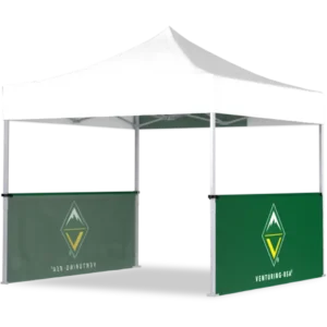 A white canopy tent with green side panels featuring the Venturing BSA logo and text. The panels display a yellow and white emblem with a mountain design on a green background.