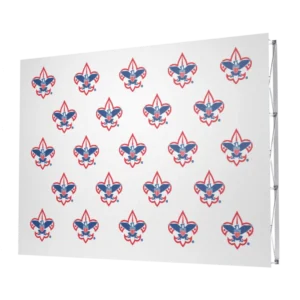 A white backdrop featuring a repeating pattern of the Boy Scouts of America fleur-de-lis logo in red, white, and blue.