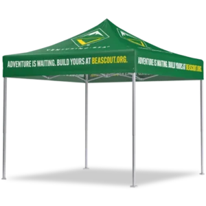A green outdoor canopy tent with a peaked roof, displaying the text ADVENTURE IS WAITING. BUILD YOURS AT BEASCOUT.ORG in white and yellow on all sides; supported by four silver metal legs.