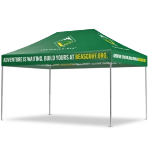A green outdoor canopy tent with the Venturing BSA logo and the text ADVENTURE IS WAITING. BUILD YOURS AT BEASCOUT.ORG. printed on the sides. Four metal legs support the tent.