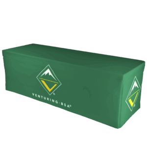 A green table cover featuring the Venturing BSA logo, which includes a mountain and chevron design, and the text VENTURING BSA printed on the front and side.