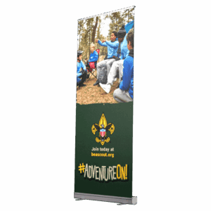 A vertical banner shows a group of kids in blue uniforms sitting outdoors. The Boy Scouts of America logo is below, with the text Join today at beascout.org and #ADVENTUREON! at the bottom.