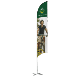 A vertical feather flag with the Venturing BSA logo at the top and an image of a person riding a mountain bike below, set against a white background.