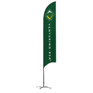 A tall, green feather flag with the Venturing BSA logo at the top and the words VENTURING: BSA printed vertically in white on the flag. The flag stands on a black cross base.