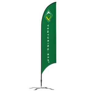 A tall, green feather flag with the Venturing BSA logo and the words VENTURING BSA printed vertically in white, displayed on a metal stand.